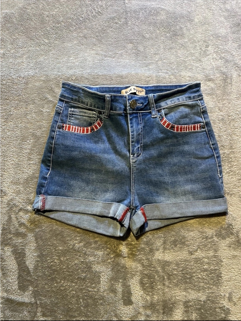 Blue Savvy Denim Roll-Cuff Jean Shorts with Red Trim